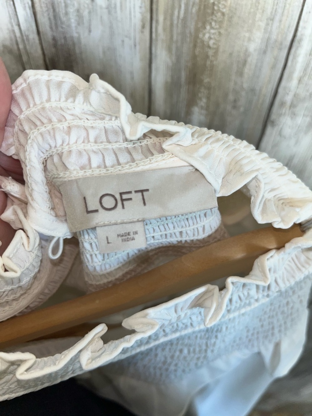 LOFT Cream Smocked Ruffle Neck Blouse Large Long Sleeve Sheer Feminine Top - Picture 6 of 6